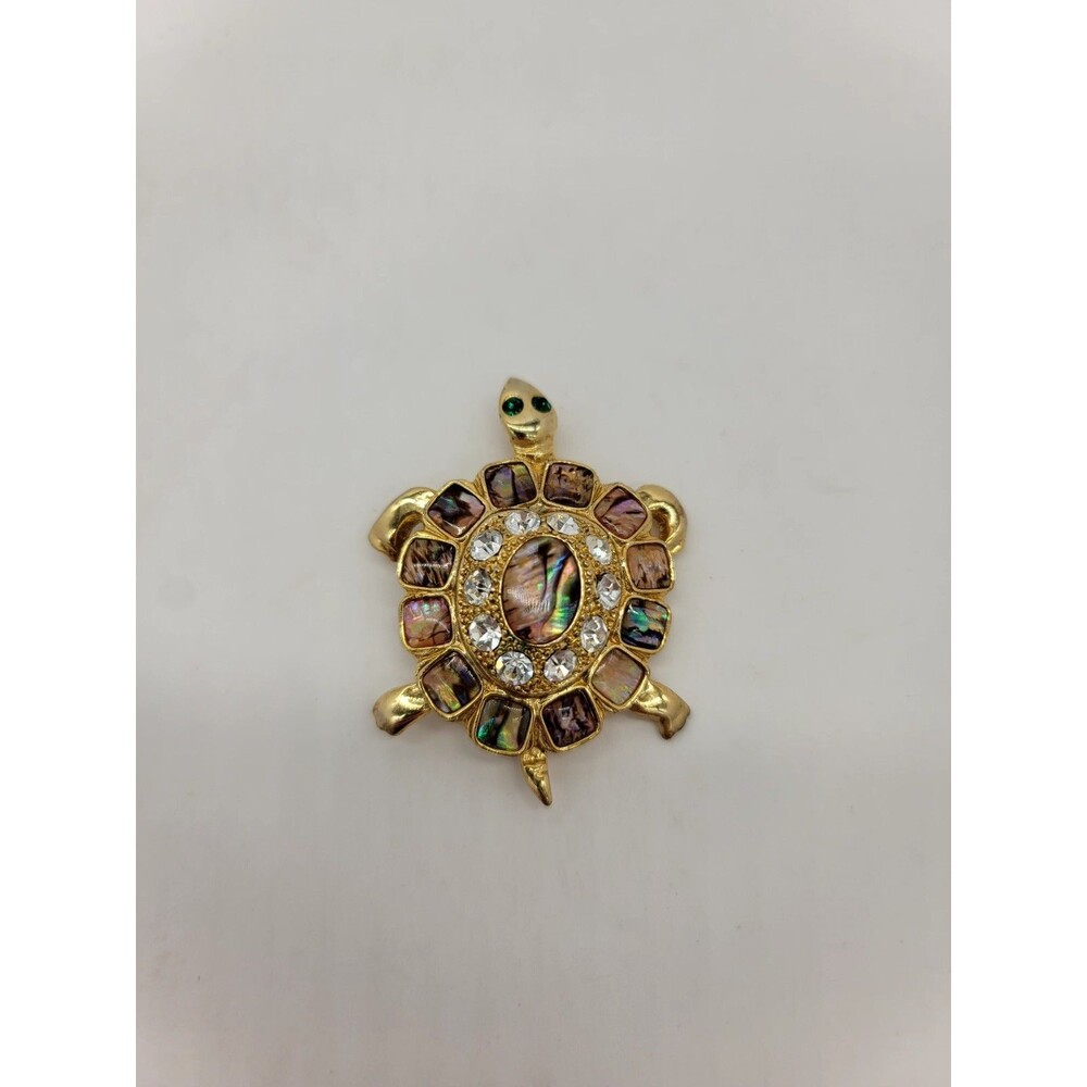 Gold Turtle Brooch with Iridescent Art Glass Shell Clear Rhinestones
